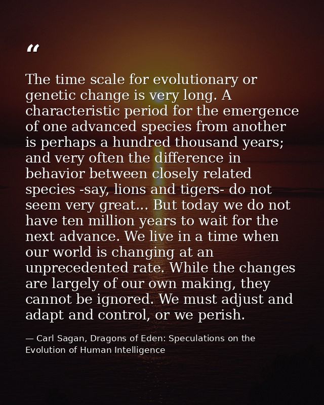 The time scale for evolutionary or genetic change is very long. A characteristic period for the emergence of one advance — Carl Sagan, Dragons of Eden: Speculations on the Evolution of Human Intelligence