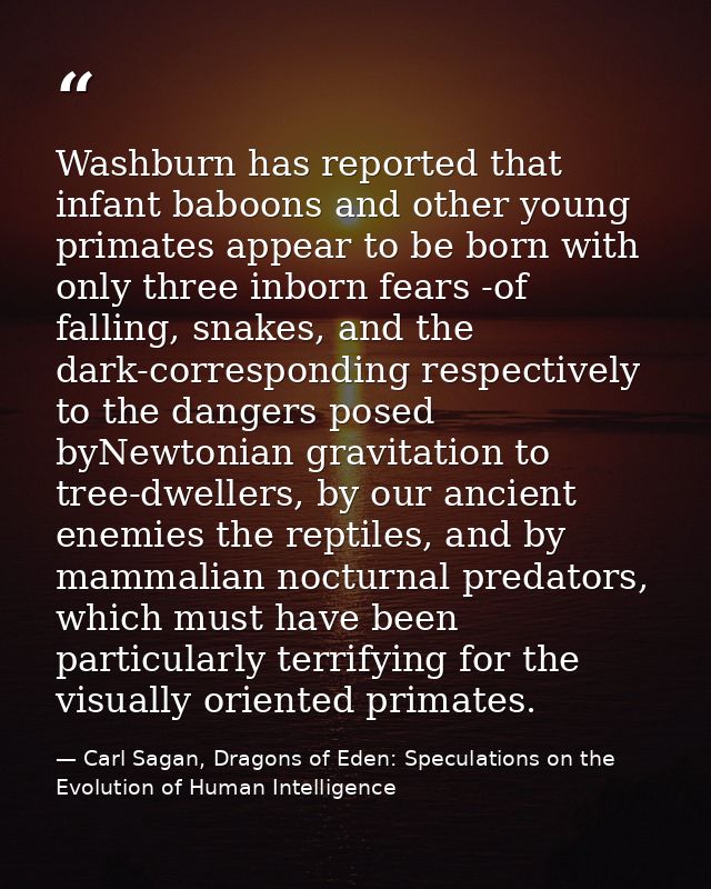Washburn has reported that infant baboons and other young primates appear to be born with only three inborn fears -of fa — Carl Sagan, Dragons of Eden: Speculations on the Evolution of Human Intelligence