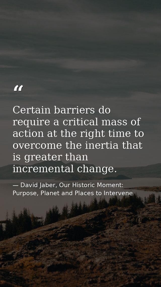 Certain barriers do require a critical mass of action at the right time to overcome the inertia that is greater than inc — David Jaber, Our Historic Moment: Purpose, Planet and Places to Intervene