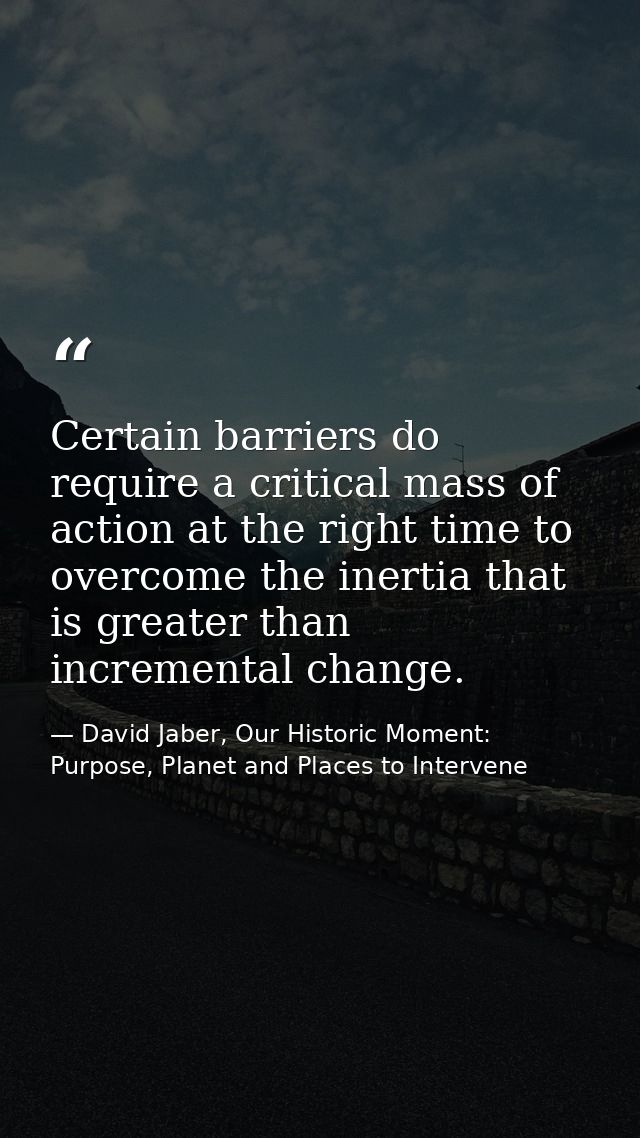 Certain barriers do require a critical mass of action at the right time to overcome the inertia that is greater than inc — David Jaber, Our Historic Moment: Purpose, Planet and Places to Intervene