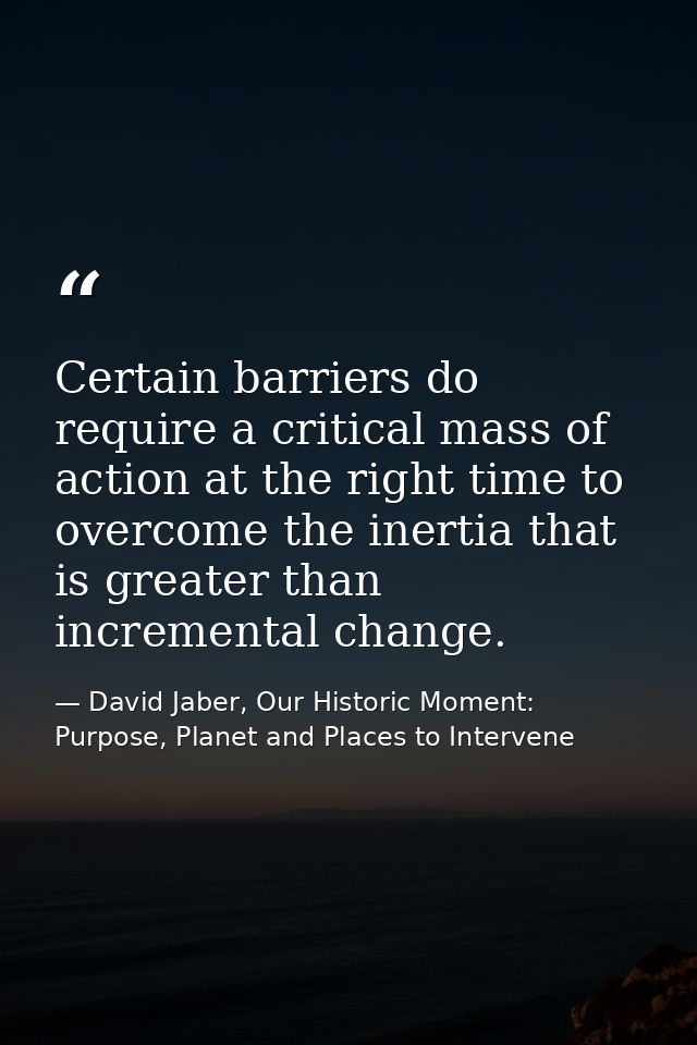 Certain barriers do require a critical mass of action at the right time to overcome the inertia that is greater than inc — David Jaber, Our Historic Moment: Purpose, Planet and Places to Intervene
