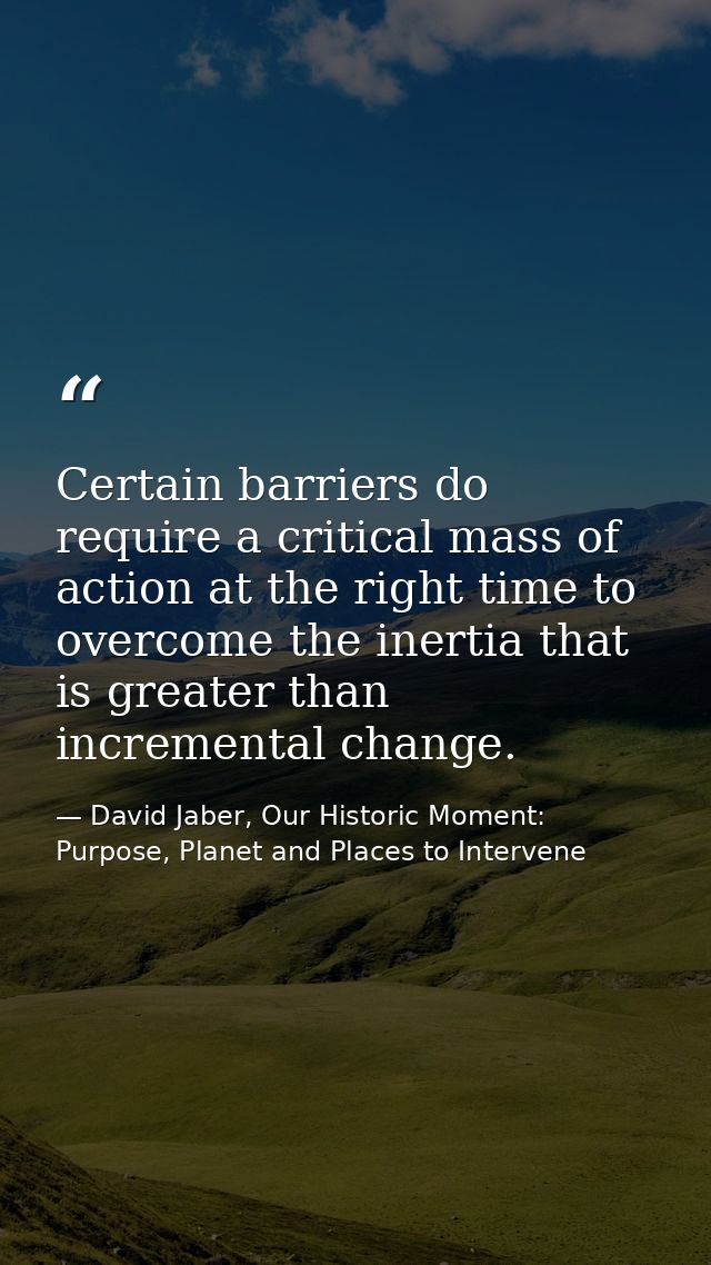 Certain barriers do require a critical mass of action at the right time to overcome the inertia that is greater than inc — David Jaber, Our Historic Moment: Purpose, Planet and Places to Intervene
