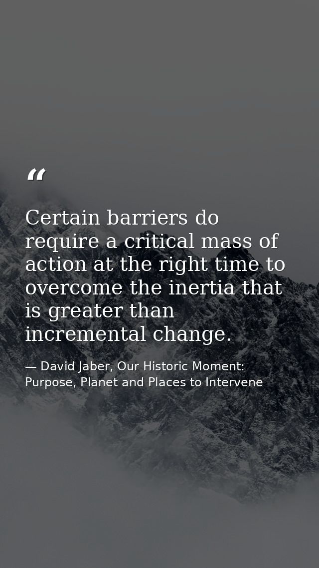 Certain barriers do require a critical mass of action at the right time to overcome the inertia that is greater than inc — David Jaber, Our Historic Moment: Purpose, Planet and Places to Intervene