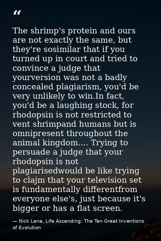 The shrimp's protein and ours are not exactly the same, but they're sosimilar that if you turned up in court and tried t — Nick Lane, Life Ascending: The Ten Great Inventions of Evolution