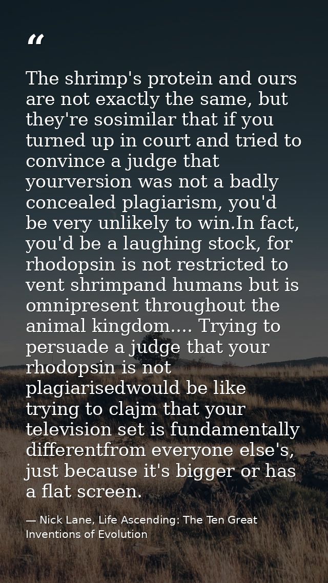 The shrimp's protein and ours are not exactly the same, but they're sosimilar that if you turned up in court and tried t — Nick Lane, Life Ascending: The Ten Great Inventions of Evolution