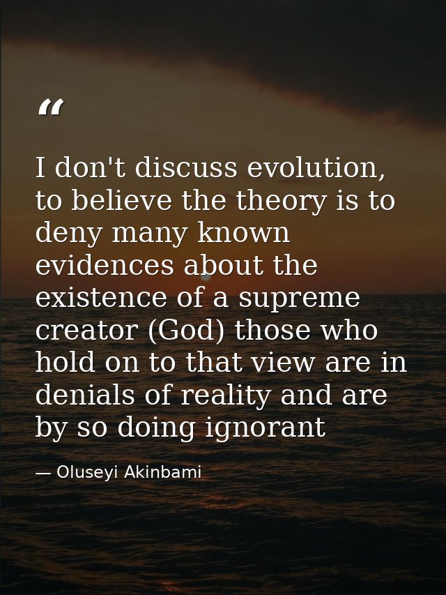 I don't discuss evolution, to believe the theory is to deny many known evidences about the existence of a supreme creato — Oluseyi Akinbami