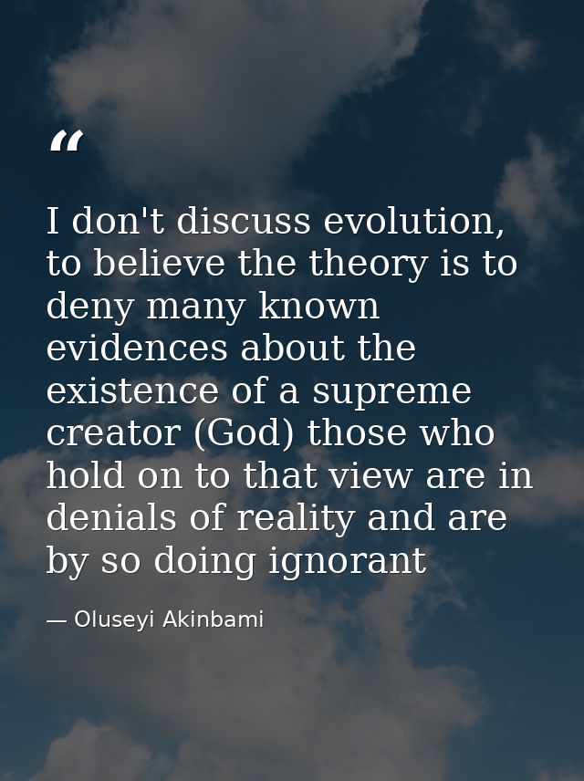I don't discuss evolution, to believe the theory is to deny many known evidences about the existence of a supreme creato — Oluseyi Akinbami