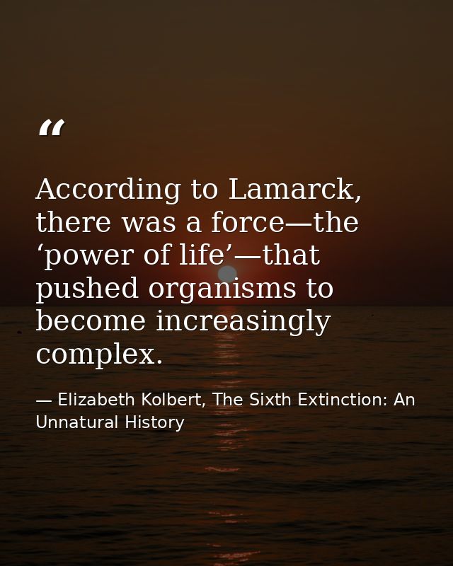 According to Lamarck, there was a force—the ‘power of life’—that pushed organisms to become increasingly complex. — Elizabeth Kolbert, The Sixth Extinction: An Unnatural History