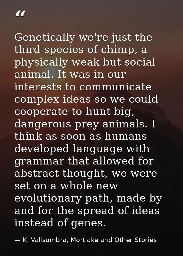 Genetically we're just the third species of chimp, a physically weak but social animal. It was in our interests to commu — K. Valisumbra, Mortlake and Other Stories