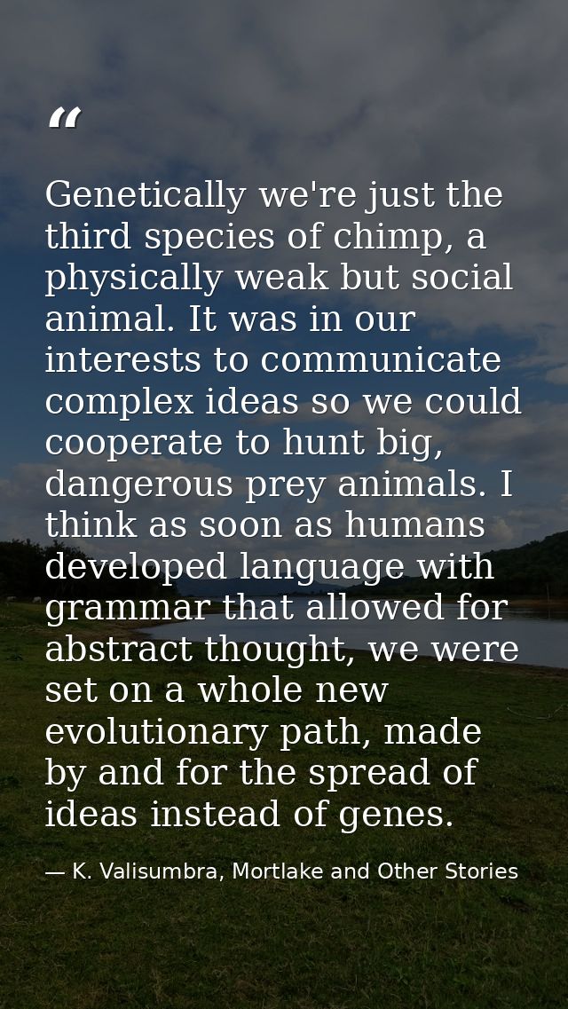 Genetically we're just the third species of chimp, a physically weak but social animal. It was in our interests to commu — K. Valisumbra, Mortlake and Other Stories