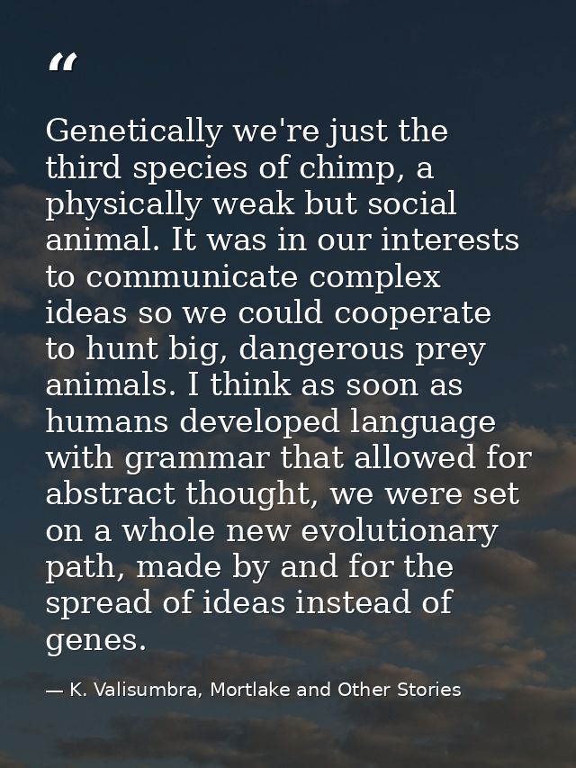 Genetically we're just the third species of chimp, a physically weak but social animal. It was in our interests to commu — K. Valisumbra, Mortlake and Other Stories