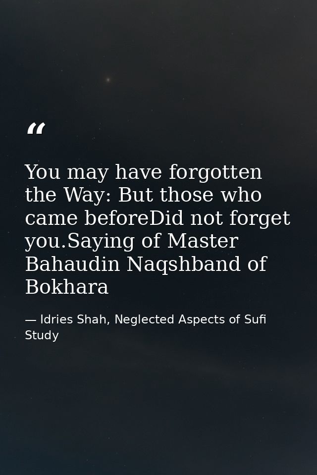 You may have forgotten the Way: But those who came beforeDid not forget you.Saying of Master Bahaudin Naqshband of Bokha — Idries Shah, Neglected Aspects of Sufi Study
