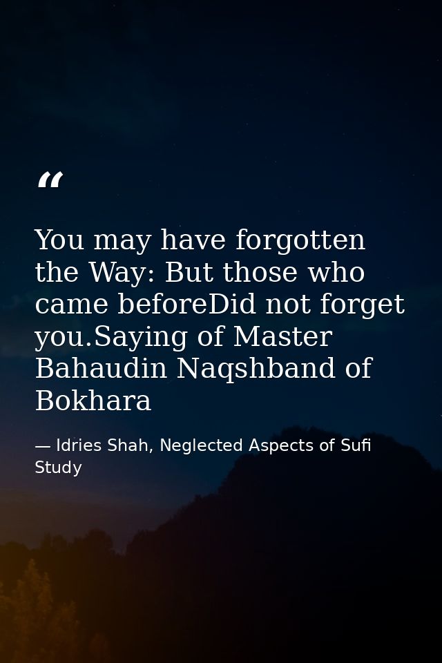 You may have forgotten the Way: But those who came beforeDid not forget you.Saying of Master Bahaudin Naqshband of Bokha — Idries Shah, Neglected Aspects of Sufi Study