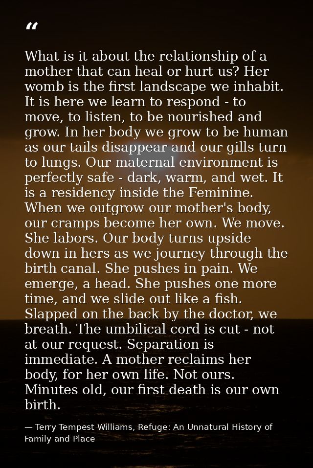 What is it about the relationship of a mother that can heal or hurt us? Her womb is the first landscape we inhabit. It i — Terry Tempest Williams, Refuge: An Unnatural History of Family and Place