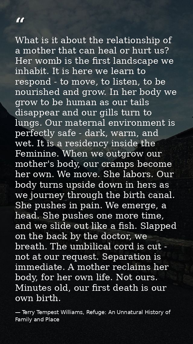What is it about the relationship of a mother that can heal or hurt us? Her womb is the first landscape we inhabit. It i — Terry Tempest Williams, Refuge: An Unnatural History of Family and Place