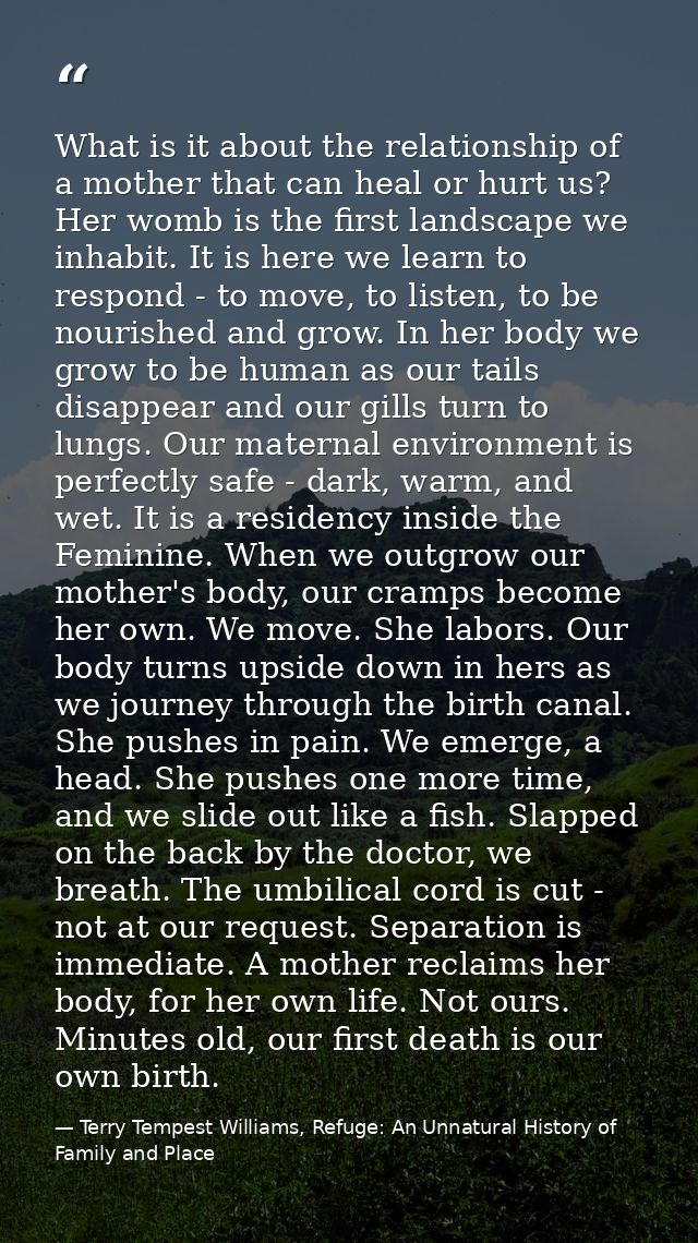 What is it about the relationship of a mother that can heal or hurt us? Her womb is the first landscape we inhabit. It i — Terry Tempest Williams, Refuge: An Unnatural History of Family and Place