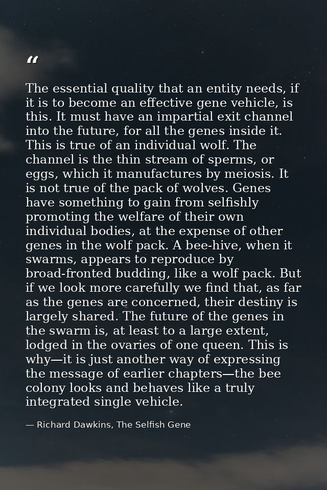 The essential quality that an entity needs, if it is to become an effective gene vehicle, is this. It must have an impar — Richard Dawkins, The Selfish Gene