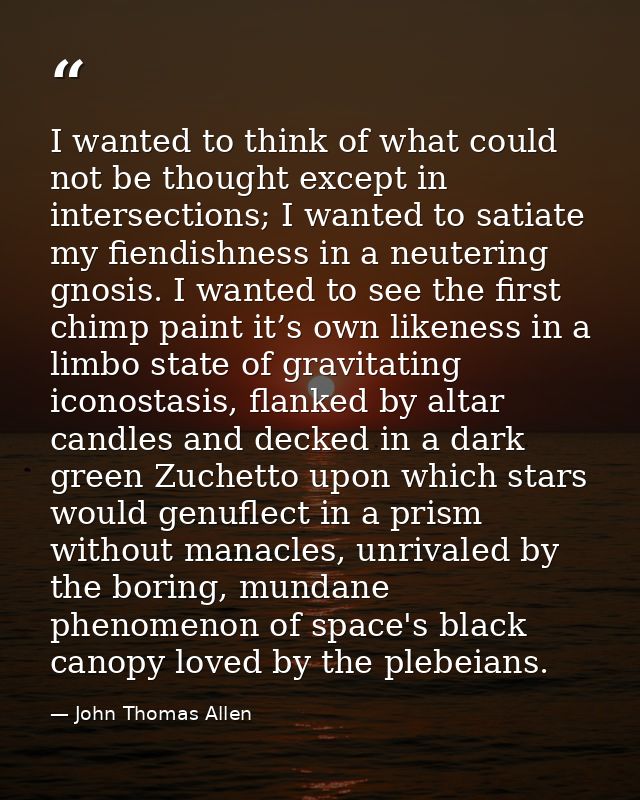 I wanted to think of what could not be thought except in intersections; I wanted to satiate my fiendishness in a neuteri — John Thomas Allen