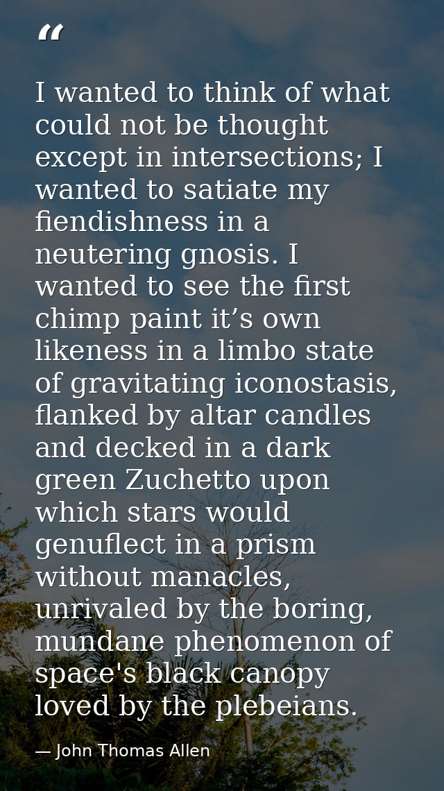 I wanted to think of what could not be thought except in intersections; I wanted to satiate my fiendishness in a neuteri — John Thomas Allen