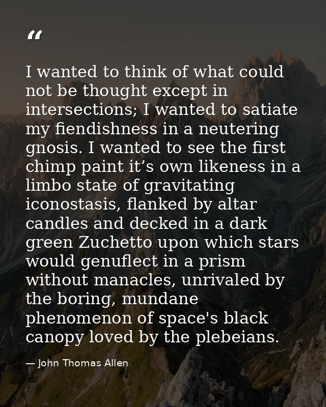 I wanted to think of what could not be thought except in intersections; I wanted to satiate my fiendishness in a neuteri — John Thomas Allen