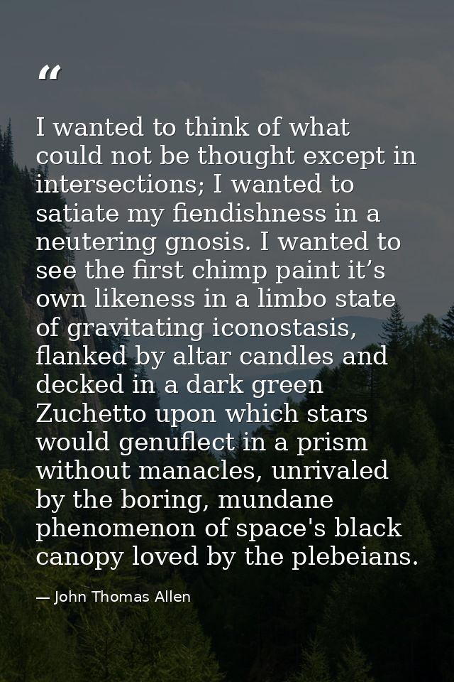 I wanted to think of what could not be thought except in intersections; I wanted to satiate my fiendishness in a neuteri — John Thomas Allen