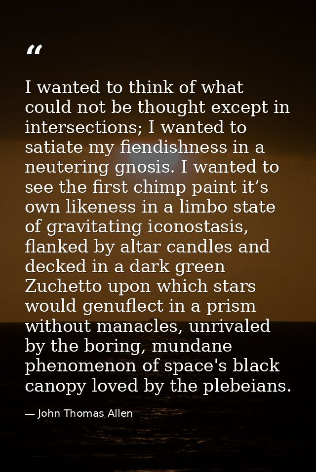 I wanted to think of what could not be thought except in intersections; I wanted to satiate my fiendishness in a neuteri — John Thomas Allen