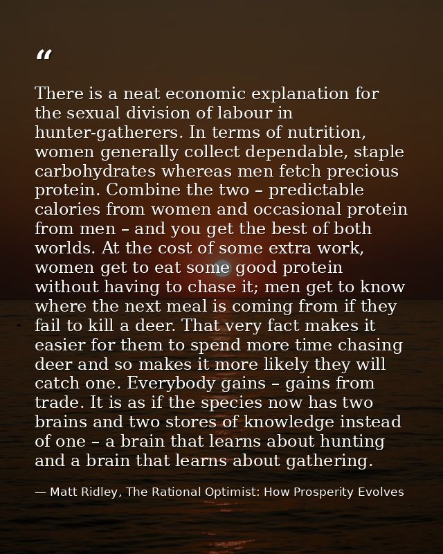 There is a neat economic explanation for the sexual division of labour in hunter-gatherers. In terms of nutrition, women — Matt Ridley, The Rational Optimist: How Prosperity Evolves