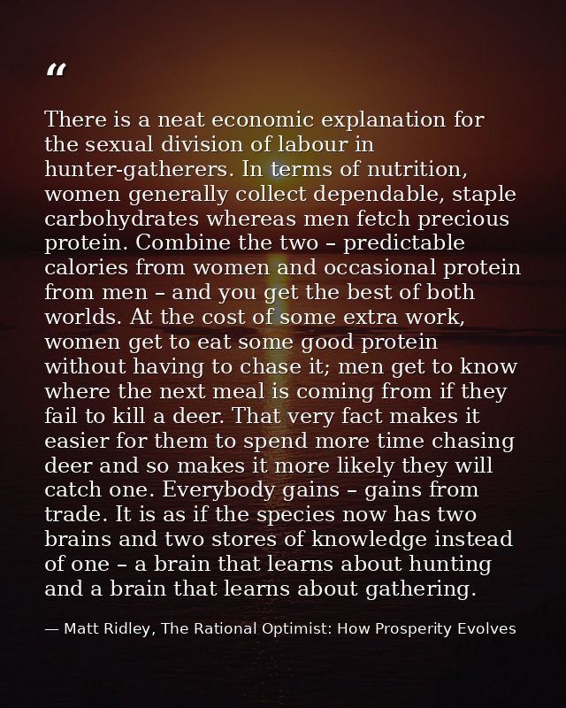 There is a neat economic explanation for the sexual division of labour in hunter-gatherers. In terms of nutrition, women — Matt Ridley, The Rational Optimist: How Prosperity Evolves