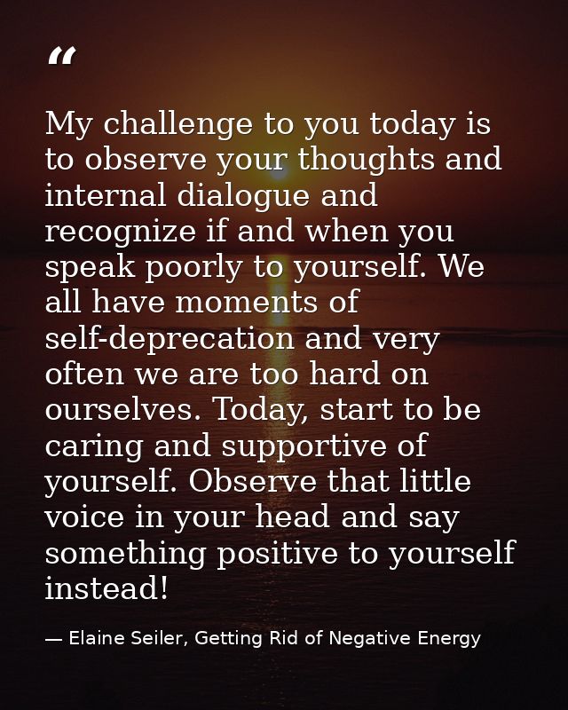 My challenge to you today is to observe your thoughts and internal dialogue and recognize if and when you speak poorly t — Elaine Seiler, Getting Rid of Negative Energy