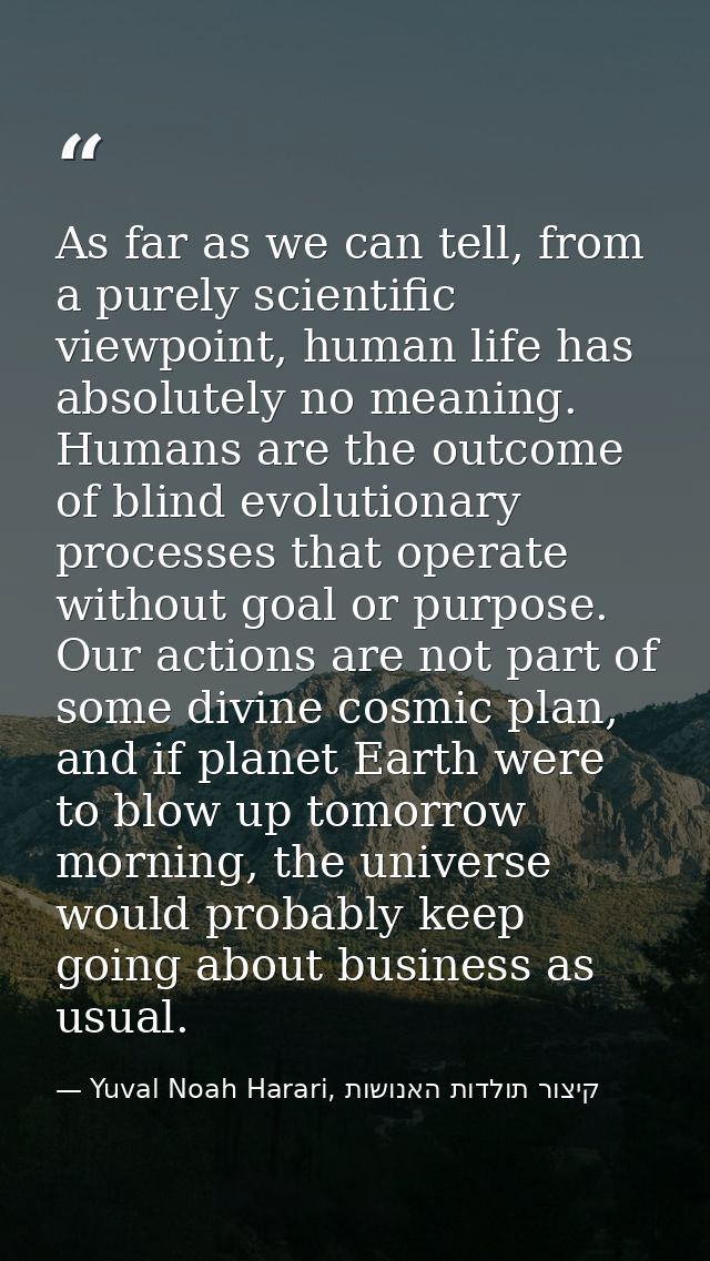 As far as we can tell, from a purely scientific viewpoint, human life has absolutely no meaning. Humans are the outcome  — Yuval Noah Harari, קיצור תולדות האנושות