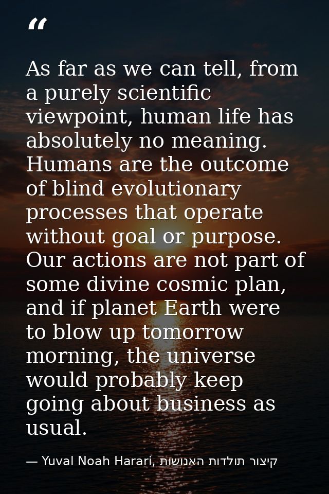 As far as we can tell, from a purely scientific viewpoint, human life has absolutely no meaning. Humans are the outcome  — Yuval Noah Harari, קיצור תולדות האנושות