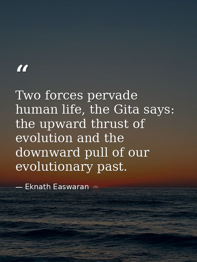 Two forces pervade human life, the Gita says: the upward thrust of evolution and the downward pull of our evolutionary p — Eknath Easwaran