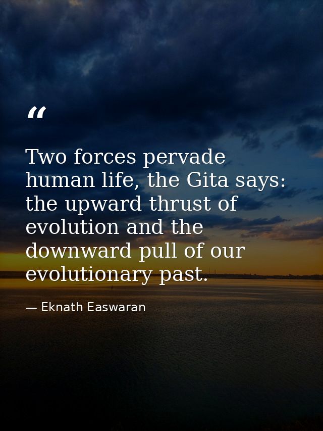 Two forces pervade human life, the Gita says: the upward thrust of evolution and the downward pull of our evolutionary p — Eknath Easwaran