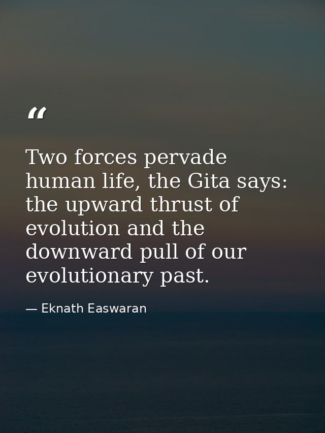 Two forces pervade human life, the Gita says: the upward thrust of evolution and the downward pull of our evolutionary p — Eknath Easwaran