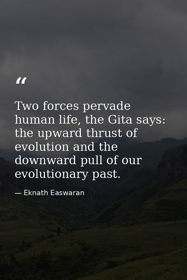 Two forces pervade human life, the Gita says: the upward thrust of evolution and the downward pull of our evolutionary p — Eknath Easwaran