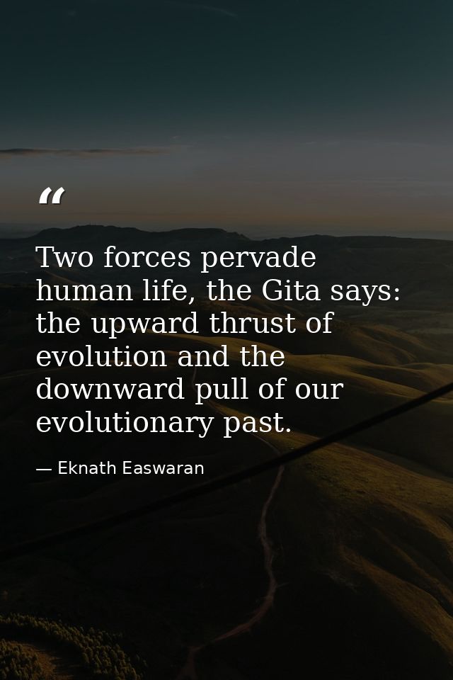 Two forces pervade human life, the Gita says: the upward thrust of evolution and the downward pull of our evolutionary p — Eknath Easwaran
