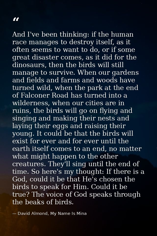And I've been thinking: if the human race manages to destroy itself, as it often seems to want to do, or if some great d — David Almond, My Name Is Mina