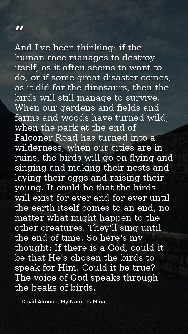 And I've been thinking: if the human race manages to destroy itself, as it often seems to want to do, or if some great d — David Almond, My Name Is Mina