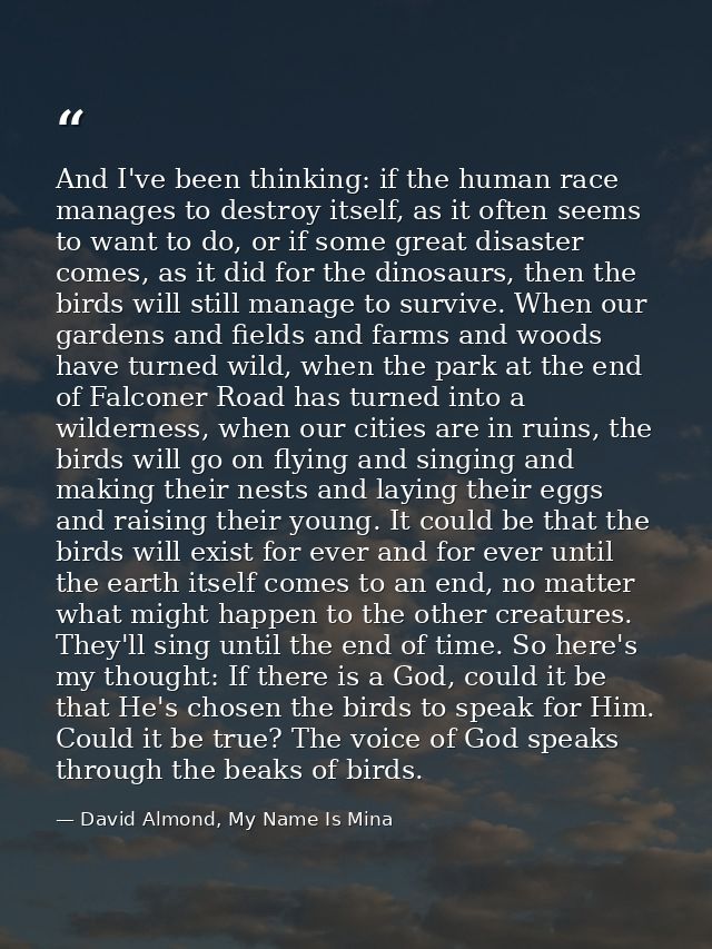 And I've been thinking: if the human race manages to destroy itself, as it often seems to want to do, or if some great d — David Almond, My Name Is Mina