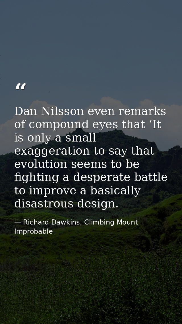 Dan Nilsson even remarks of compound eyes that ‘It is only a small exaggeration to say that evolution seems to be fighti — Richard Dawkins, Climbing Mount Improbable