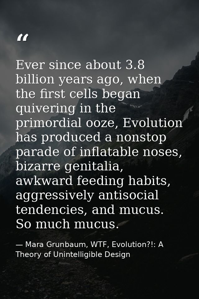 Ever since about 3.8 billion years ago, when the first cells began quivering in the primordial ooze, Evolution has produ — Mara Grunbaum, WTF, Evolution?!: A Theory of Unintelligible Design