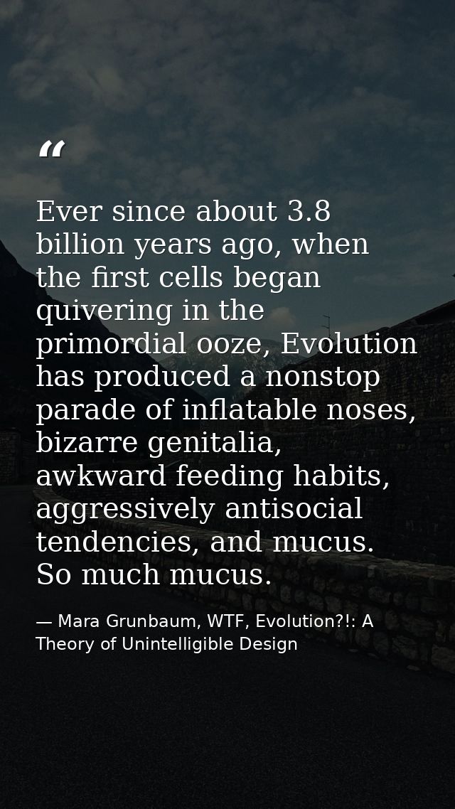 Ever since about 3.8 billion years ago, when the first cells began quivering in the primordial ooze, Evolution has produ — Mara Grunbaum, WTF, Evolution?!: A Theory of Unintelligible Design