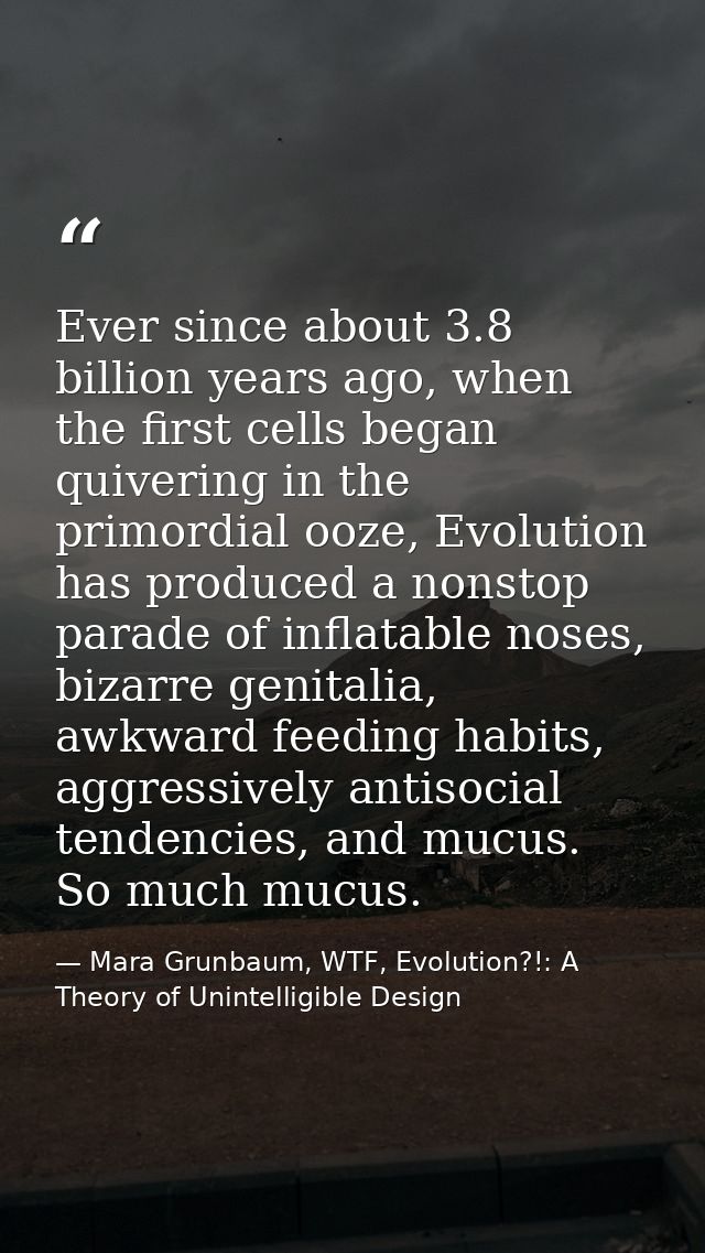 Ever since about 3.8 billion years ago, when the first cells began quivering in the primordial ooze, Evolution has produ — Mara Grunbaum, WTF, Evolution?!: A Theory of Unintelligible Design