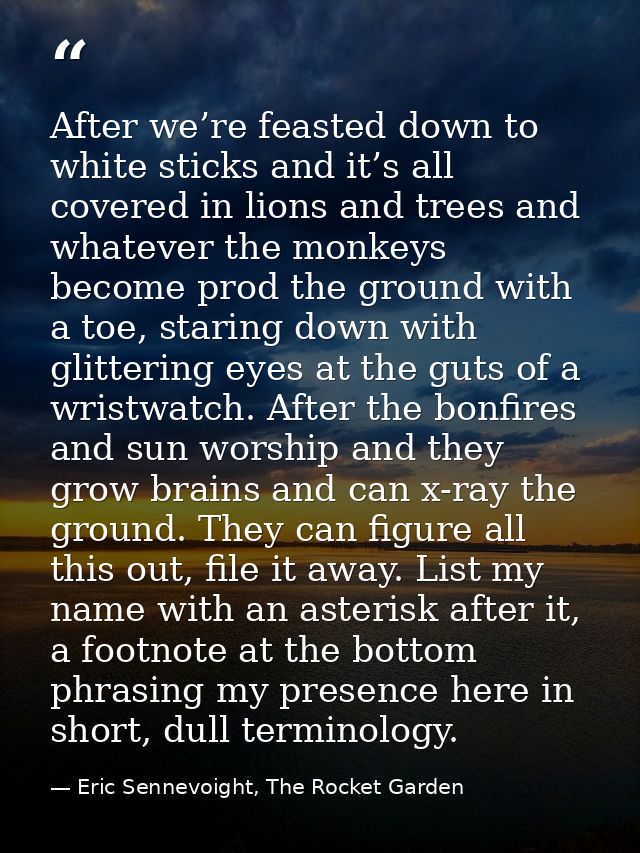 After we’re feasted down to white sticks and it’s all covered in lions and trees and whatever the monkeys become prod th — Eric Sennevoight, The Rocket Garden