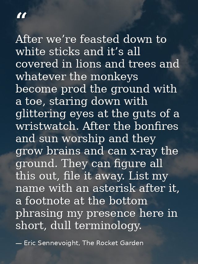 After we’re feasted down to white sticks and it’s all covered in lions and trees and whatever the monkeys become prod th — Eric Sennevoight, The Rocket Garden