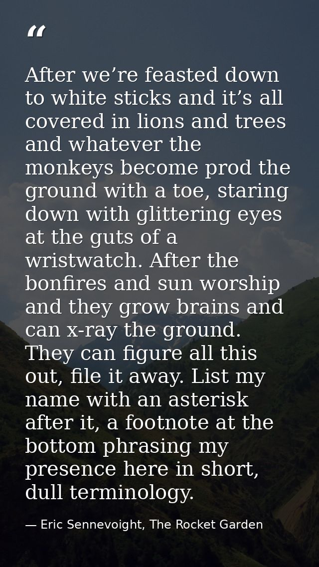 After we’re feasted down to white sticks and it’s all covered in lions and trees and whatever the monkeys become prod th — Eric Sennevoight, The Rocket Garden