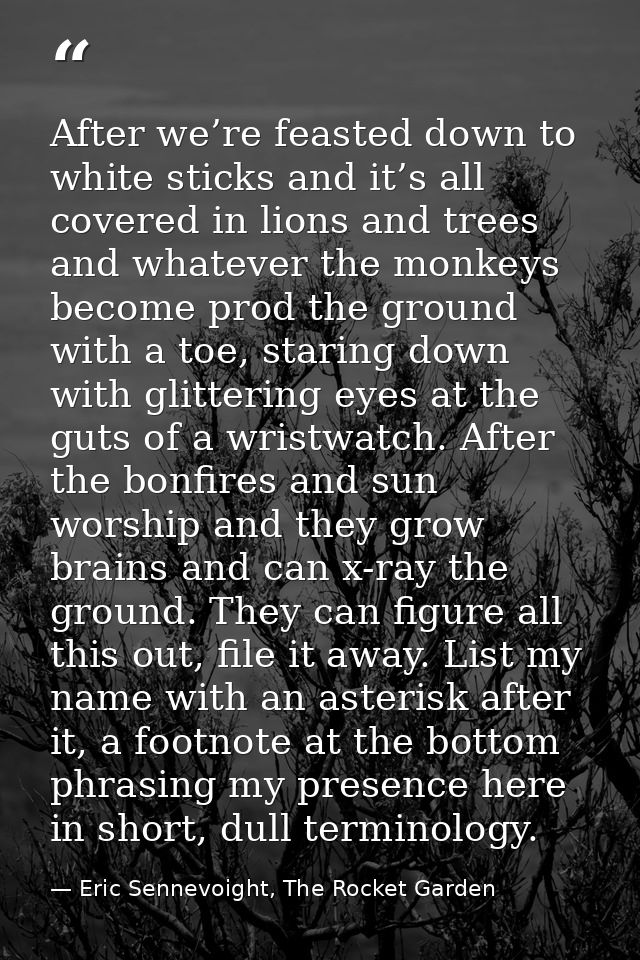 After we’re feasted down to white sticks and it’s all covered in lions and trees and whatever the monkeys become prod th — Eric Sennevoight, The Rocket Garden