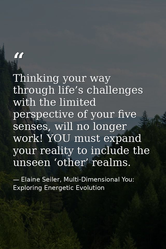Thinking your way through life’s challenges with the limited perspective of your five senses, will no longer work! YOU m — Elaine Seiler, Multi-Dimensional You: Exploring Energetic Evolution