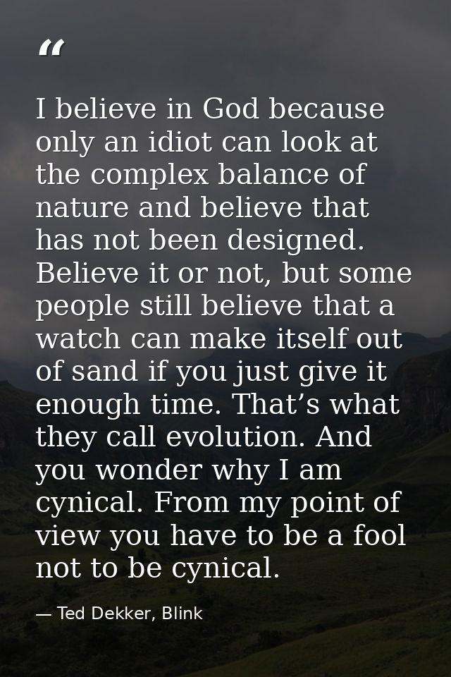 I believe in God because only an idiot can look at the complex balance of nature and believe that has not been designed. — Ted Dekker, Blink