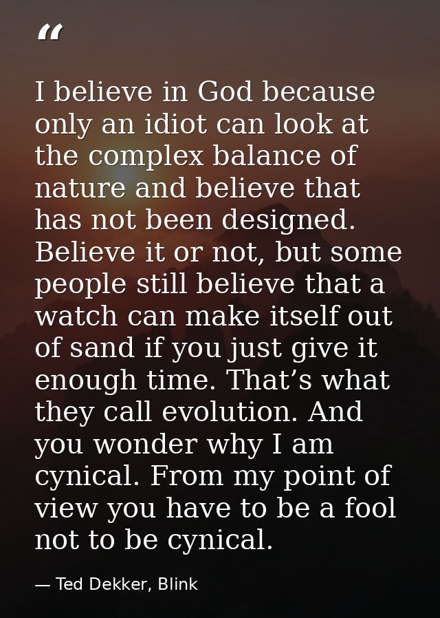I believe in God because only an idiot can look at the complex balance of nature and believe that has not been designed. — Ted Dekker, Blink